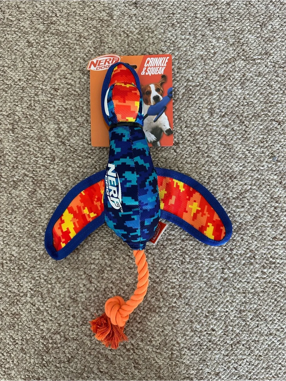 NERF Dog Blue & Orange Duck 🦆 Crinkle Squeak Plush Tug Toy